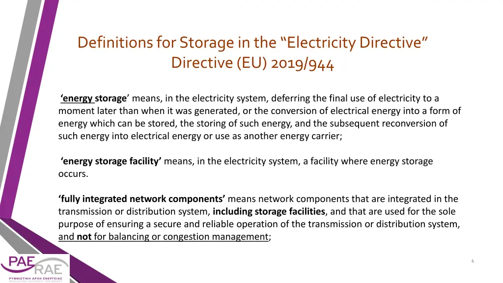 definitions for storage in the electricity