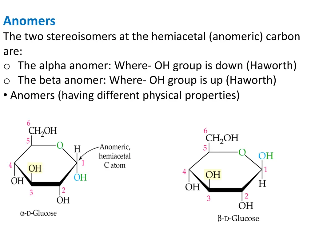 anomers the two stereoisomers at the hemiacetal