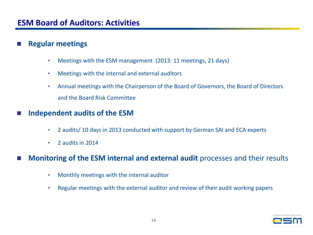 esm board of auditors activities