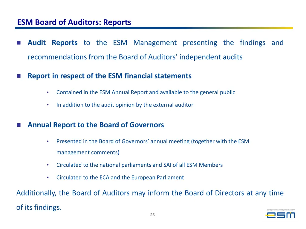 esm board of auditors reports