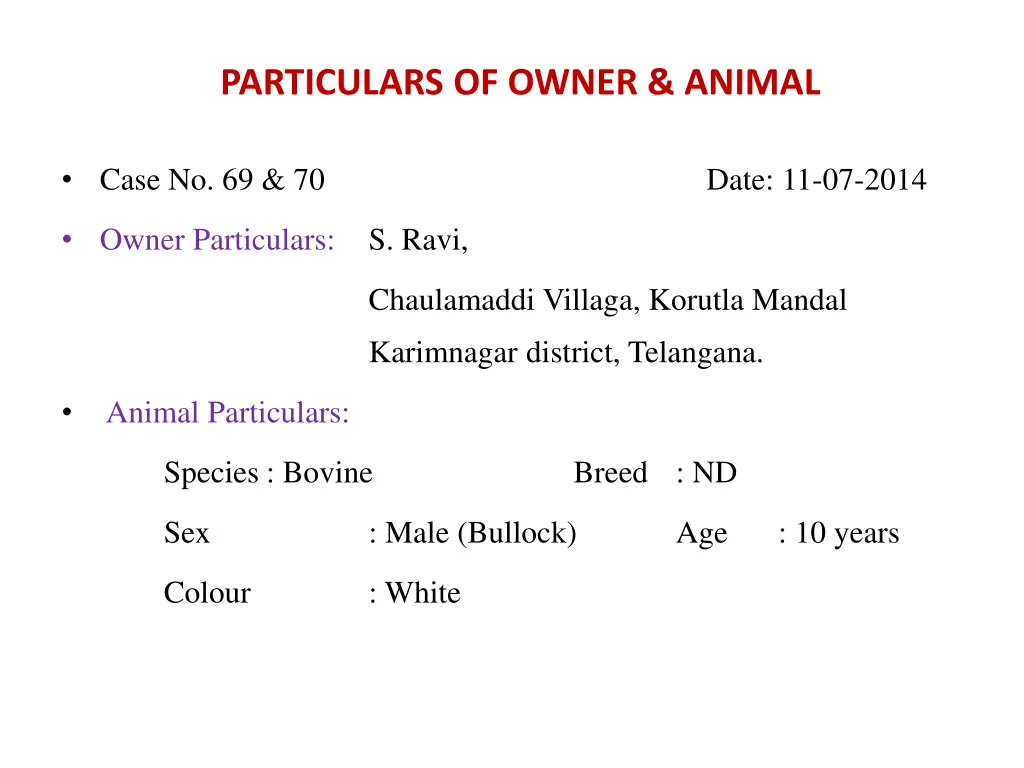 particulars of owner animal