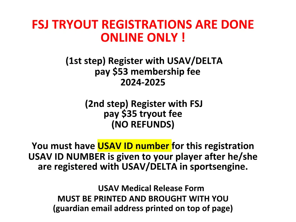 fsj tryout registrations are done online only