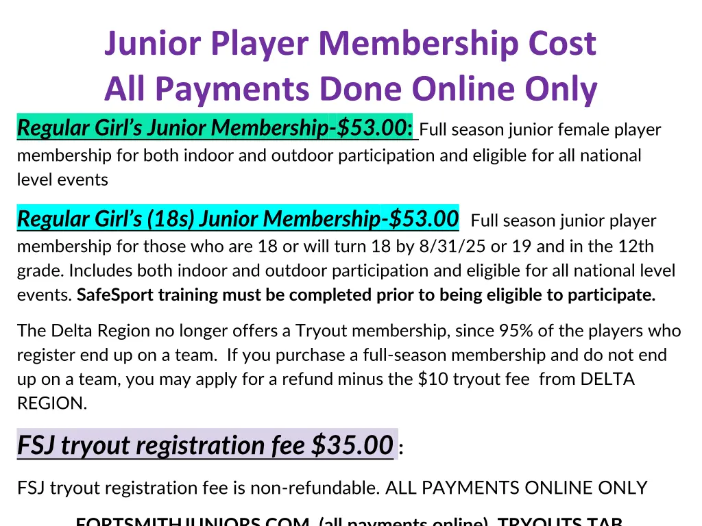 junior player membership cost all payments done