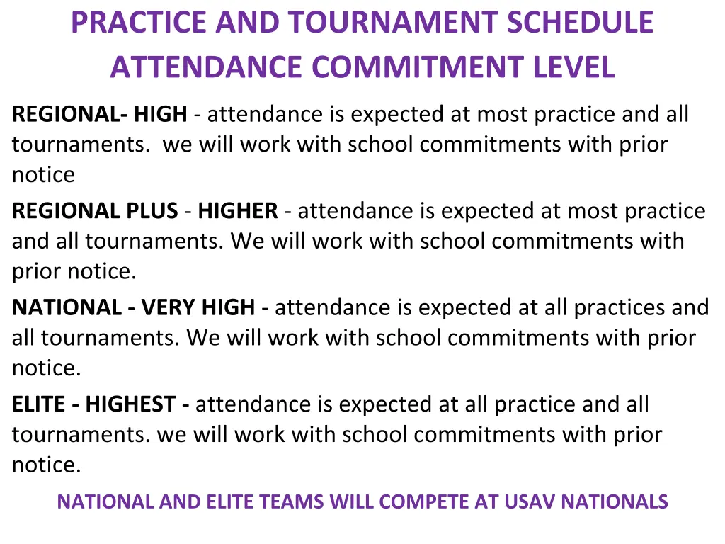 practice and tournament schedule attendance