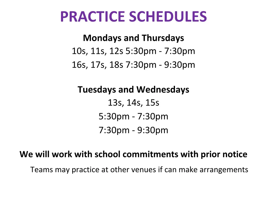 practice schedules