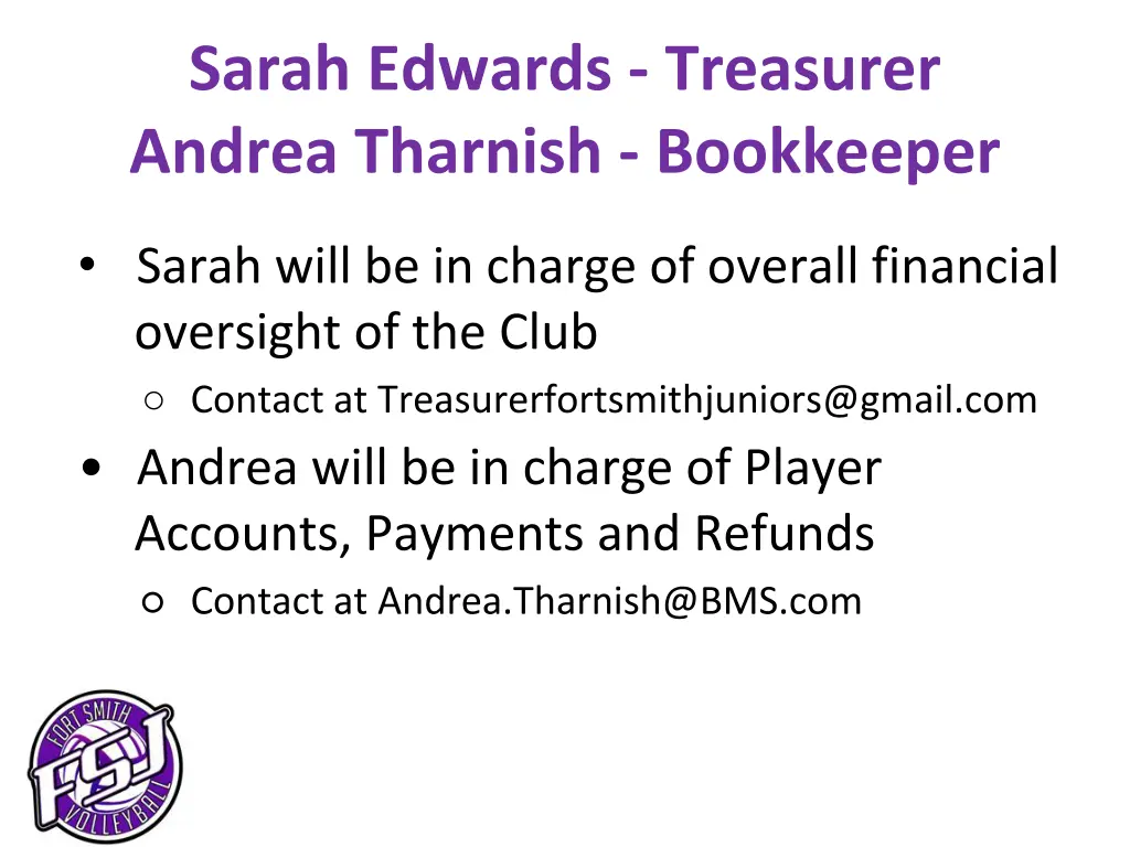 sarah edwards treasurer andrea tharnish bookkeeper