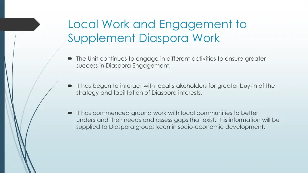 local work and engagement to supplement diaspora