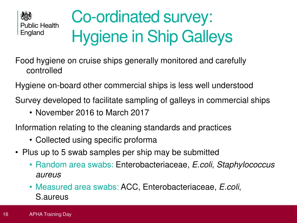 co ordinated survey hygiene in ship galleys