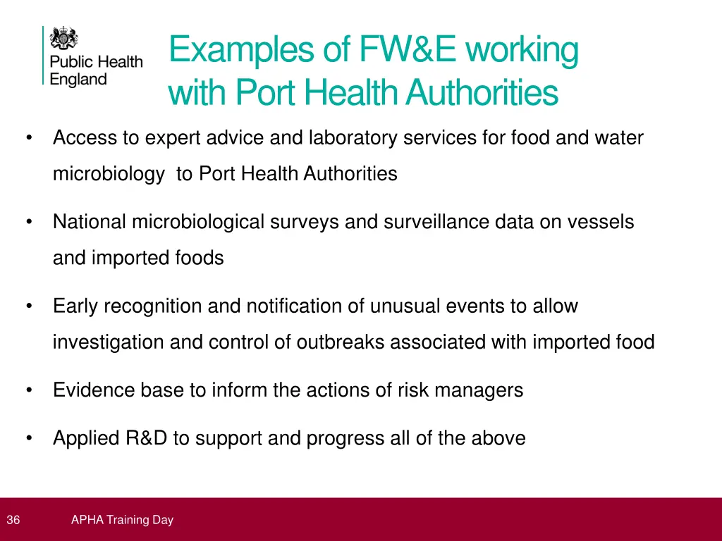 examples of fw e working with port health