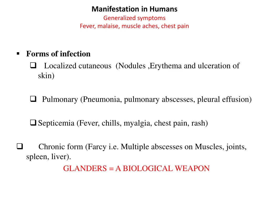 manifestation in humans generalized symptoms