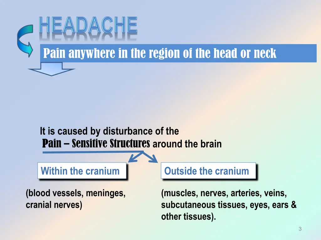 pain anywhere in the region of the head or neck