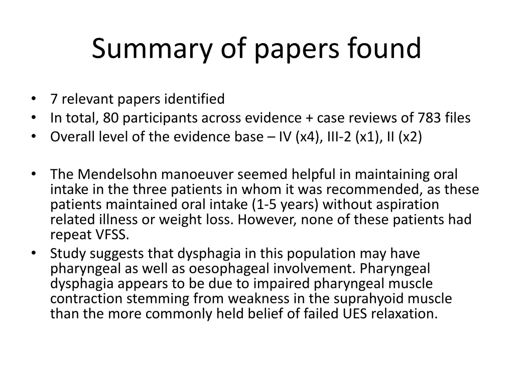 summary of papers found