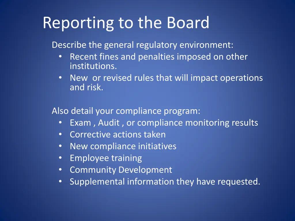 reporting to the board