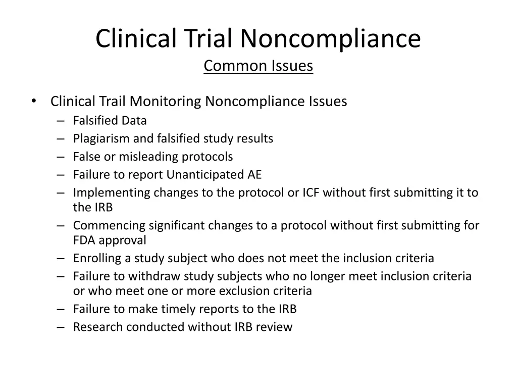 clinical trial noncompliance common issues