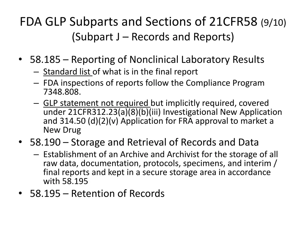 fda glp subparts and sections of 21cfr58 8