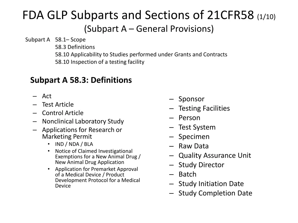 fda glp subparts and sections of 21cfr58