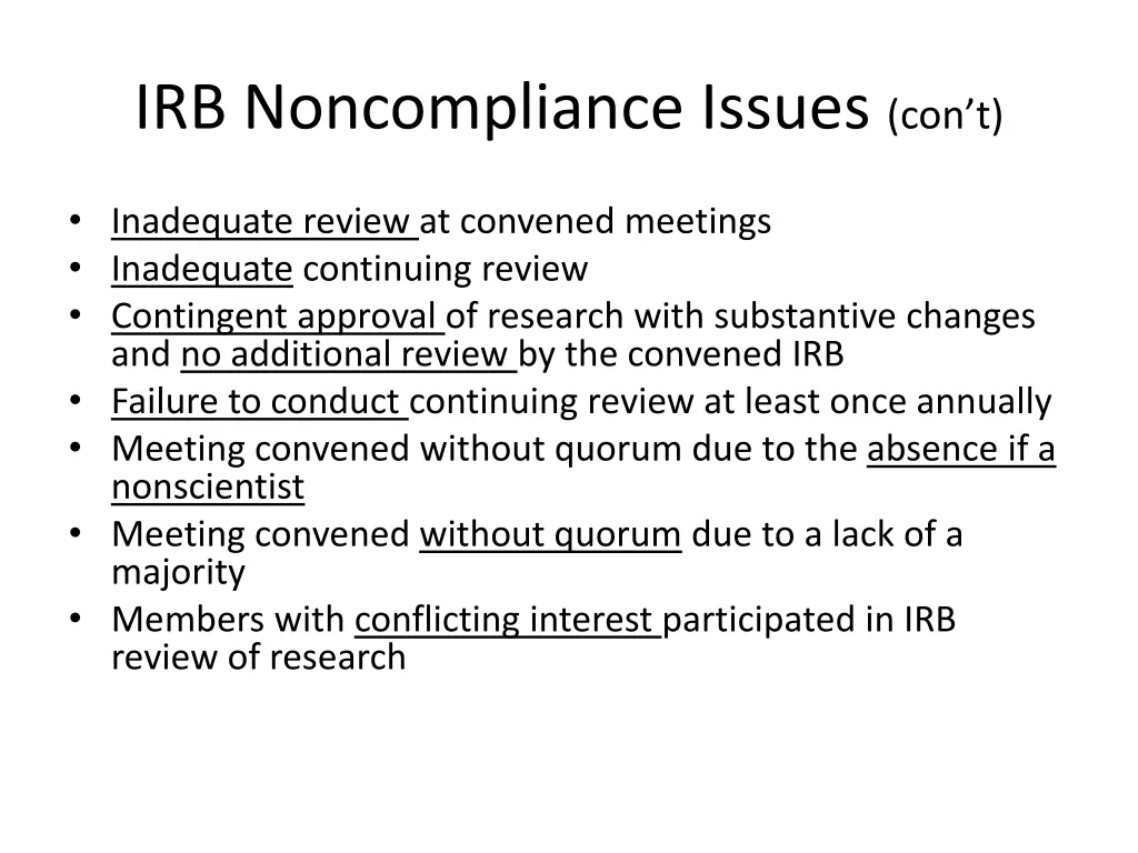 irb noncompliance issues con t
