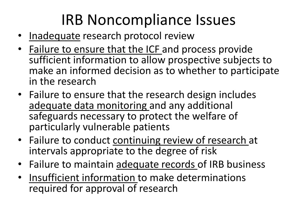 irb noncompliance issues inadequate research