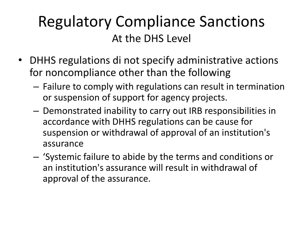 regulatory compliance sanctions at the dhs level