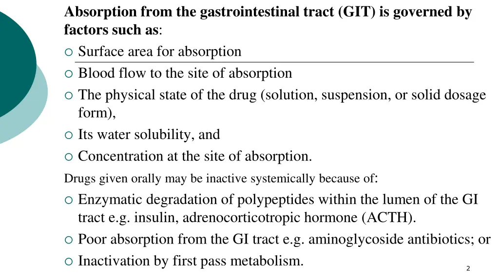 absorption from the gastrointestinal tract
