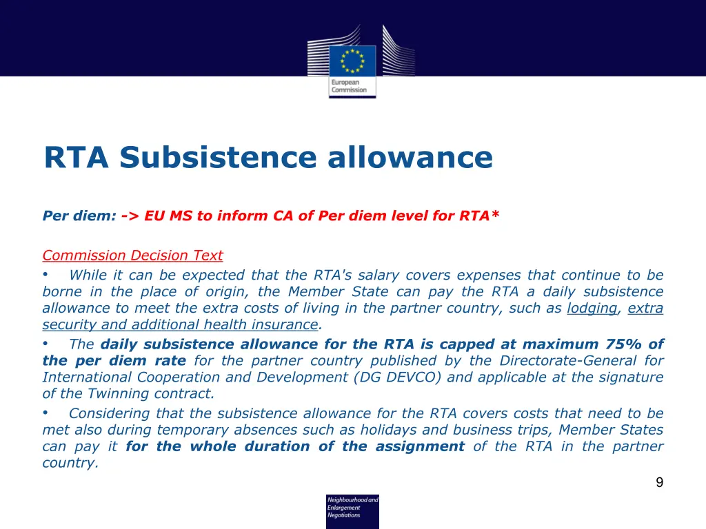 rta subsistence allowance