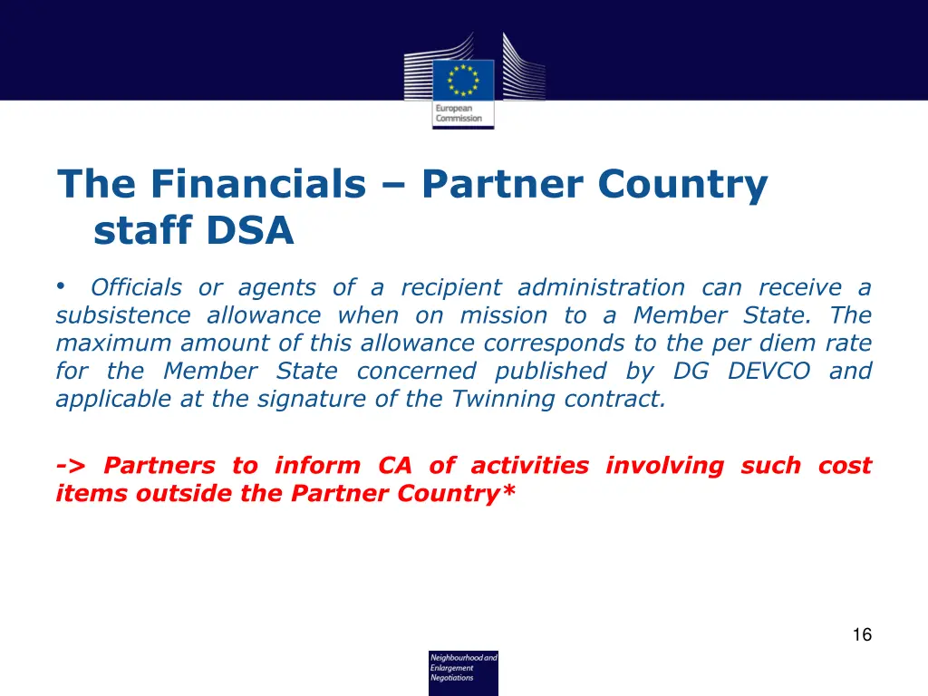 the financials partner country staff dsa