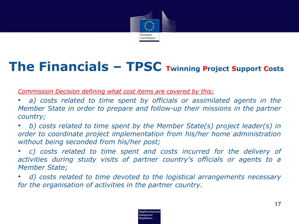 the financials tpsc twinning project support costs