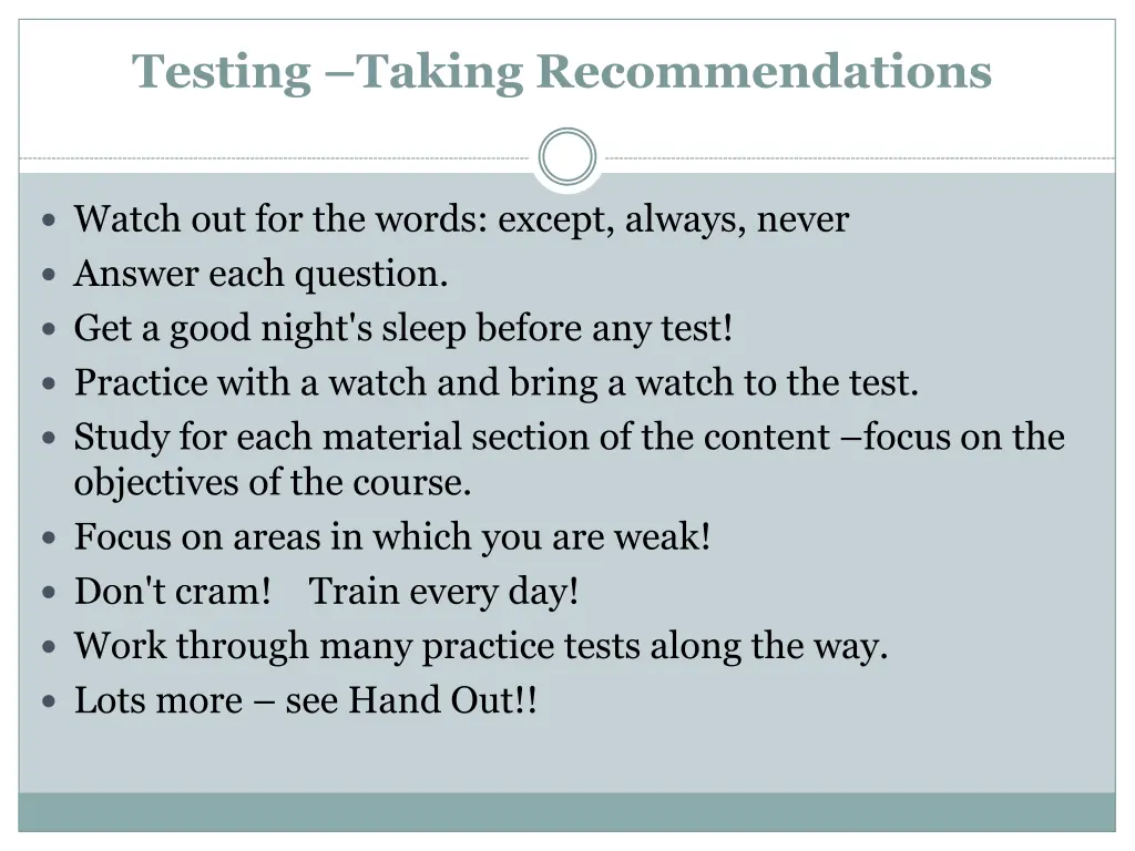 testing taking recommendations