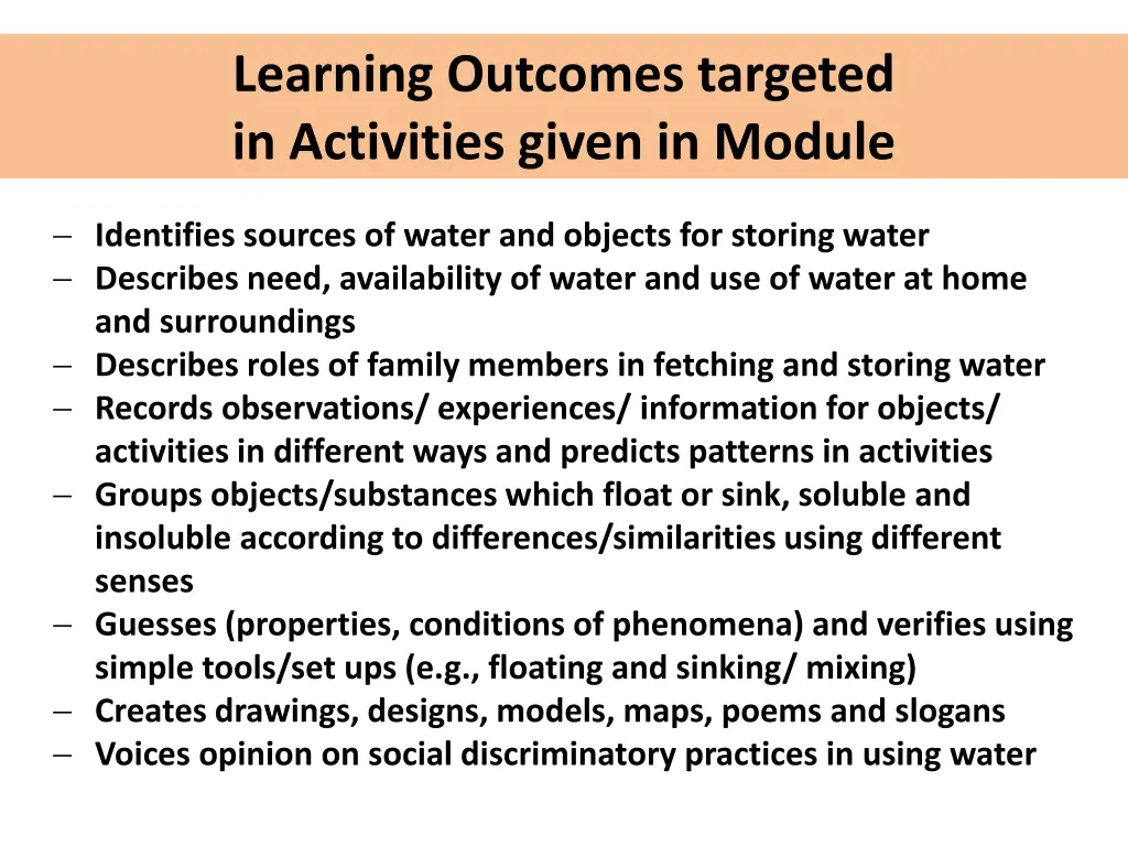 learning outcomes targeted in activities given