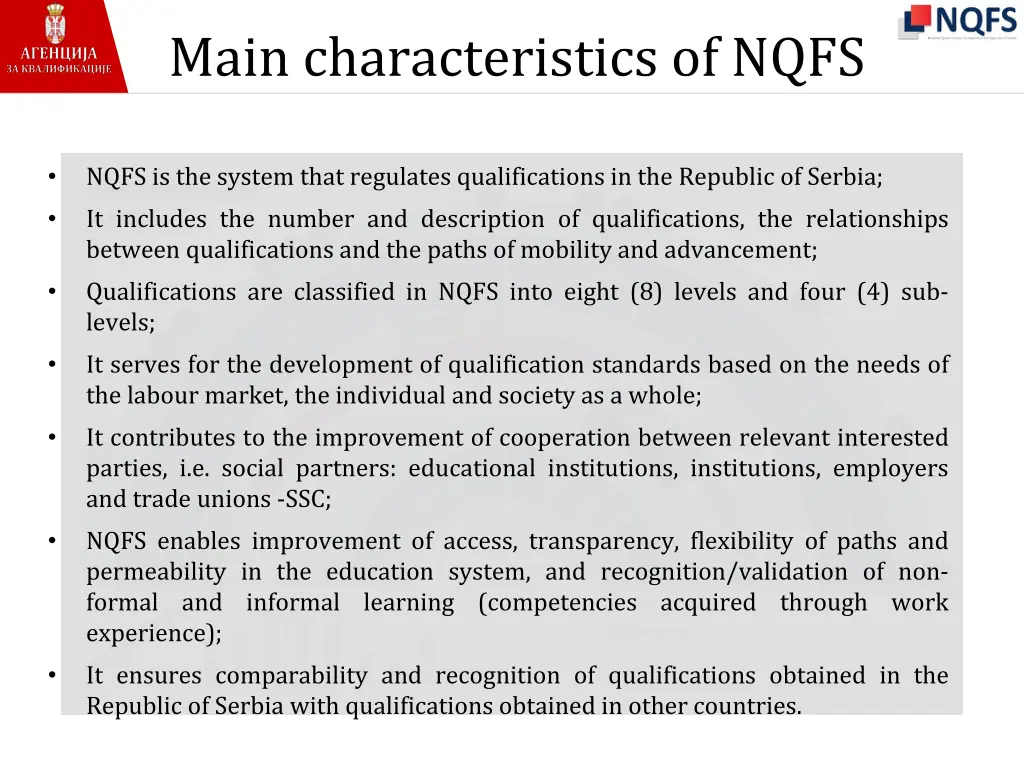 main characteristics of nqfs