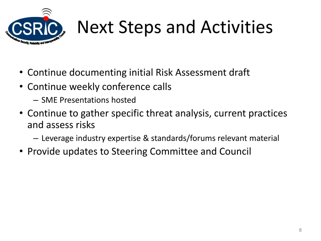next steps and activities