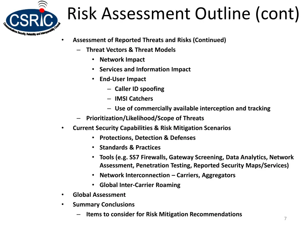 risk assessment outline cont