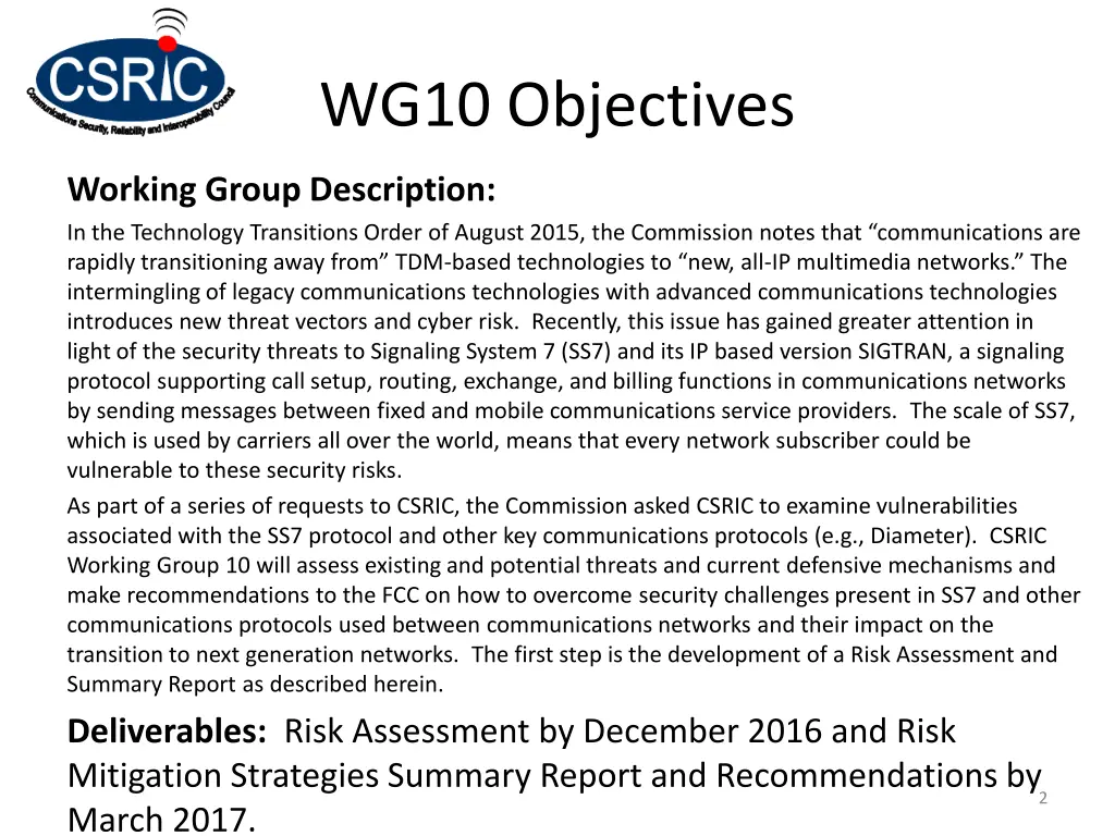 wg10 objectives