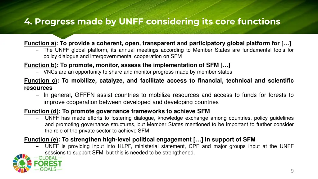 4 progress made by unff considering its core