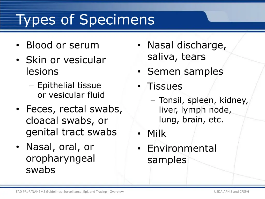types of specimens