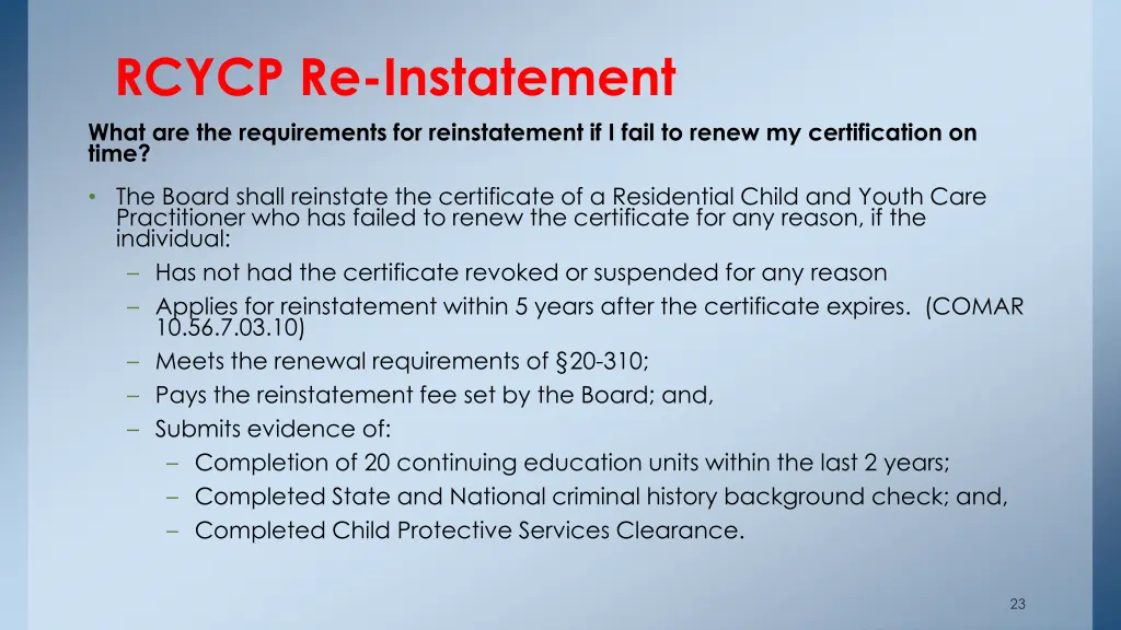 rcycp re instatement