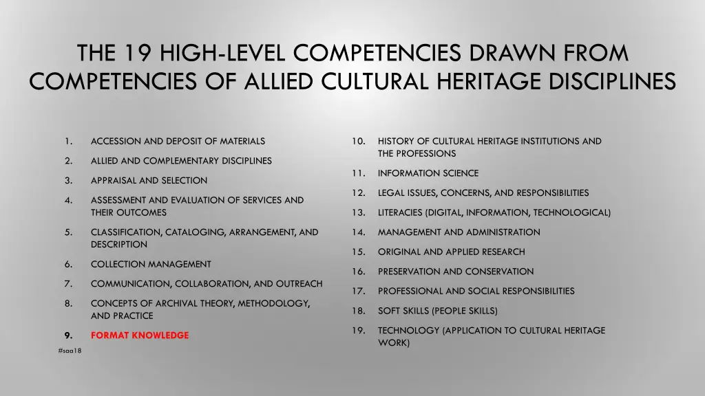 the 19 high level competencies drawn from