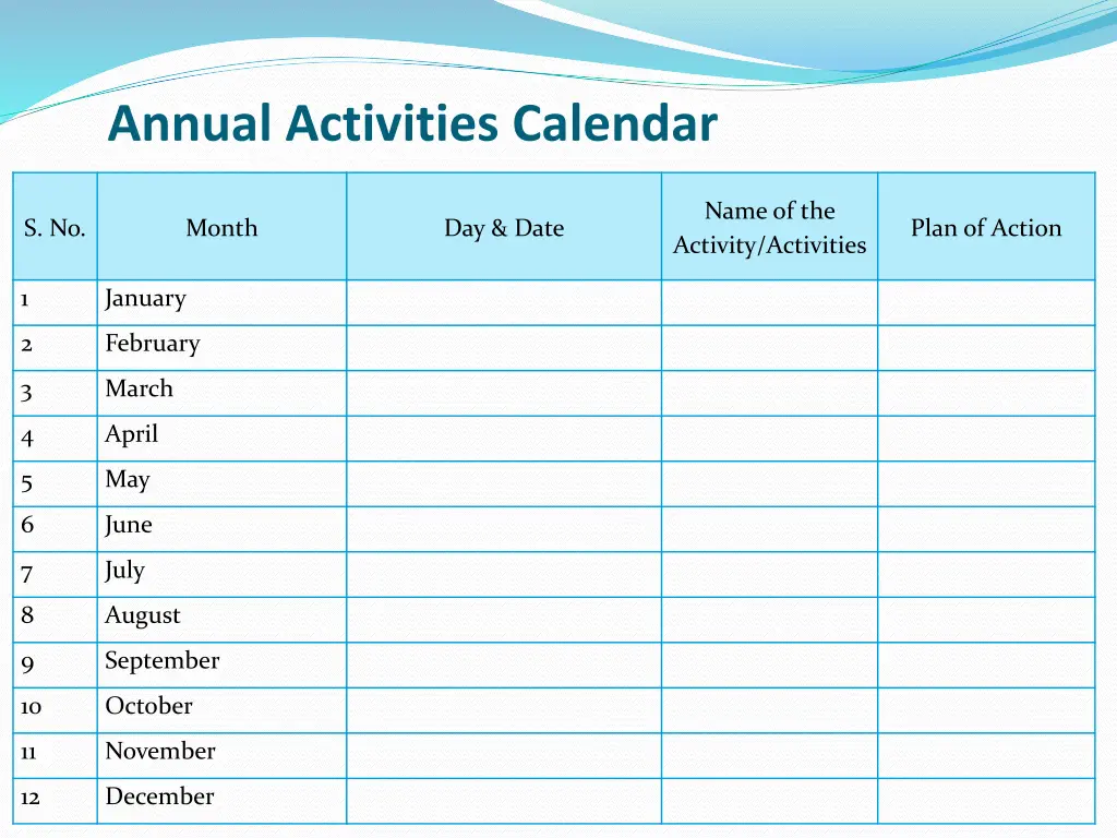 annual activities calendar