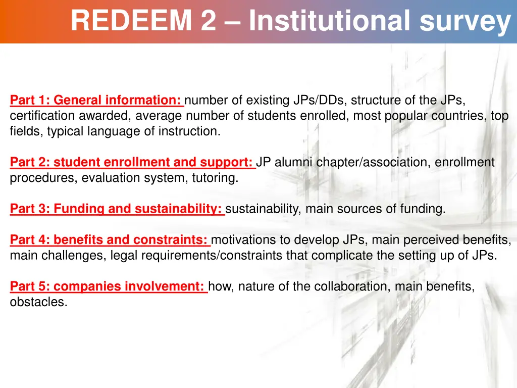 redeem 2 institutional survey