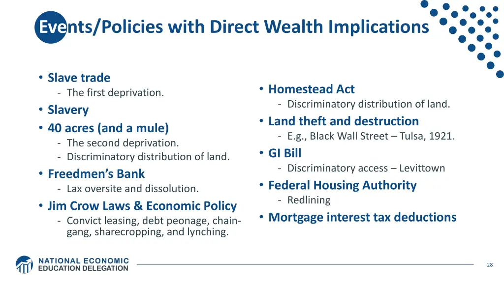 events policies with direct wealth implications