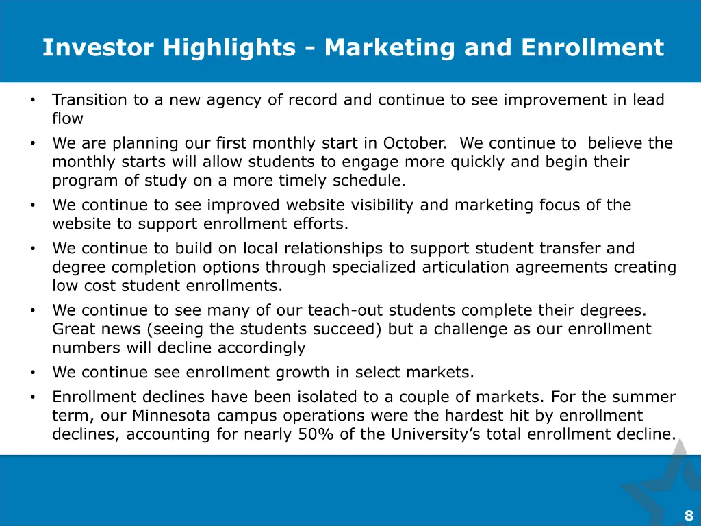 investor highlights marketing and enrollment