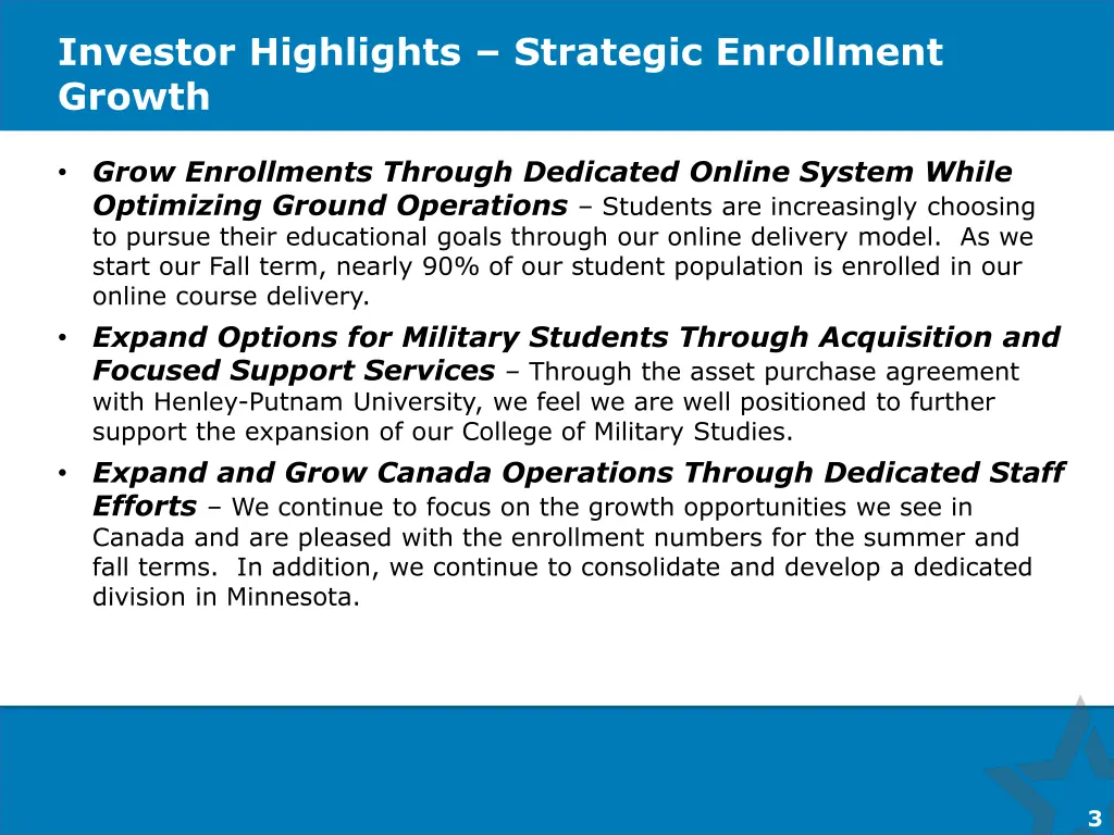 investor highlights strategic enrollment growth