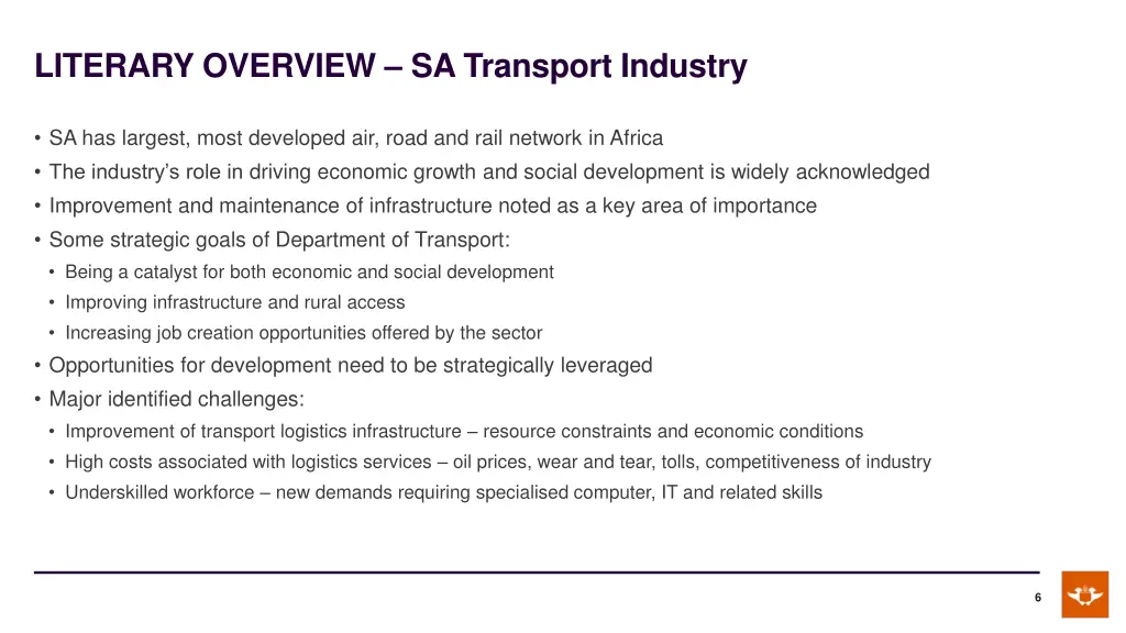 literary overview sa transport industry