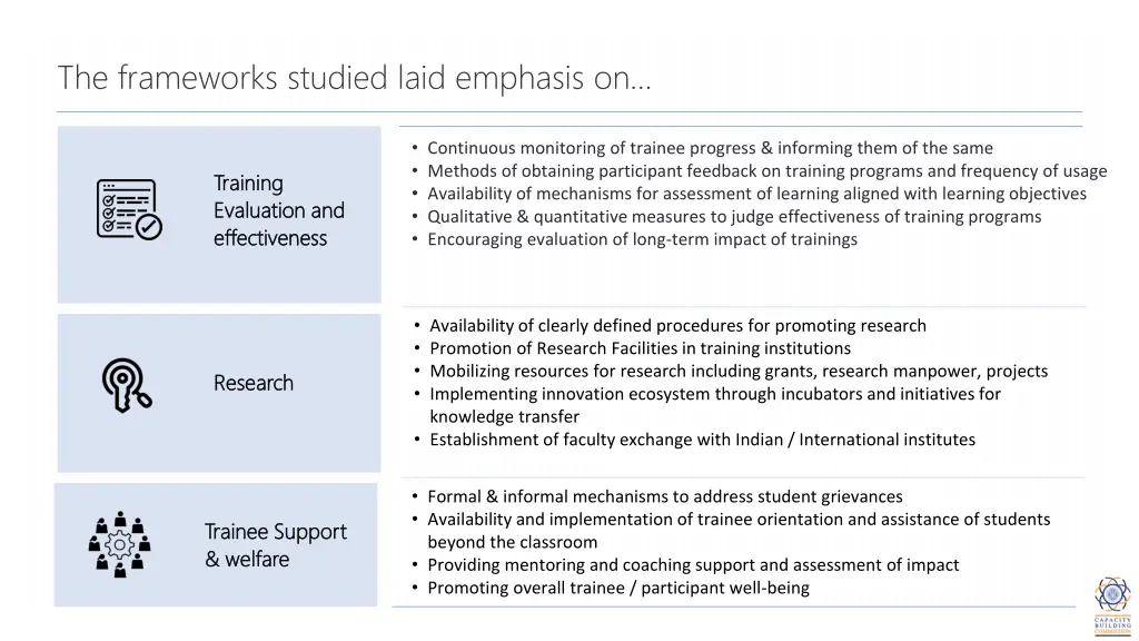 the frameworks studied laid emphasis on 1