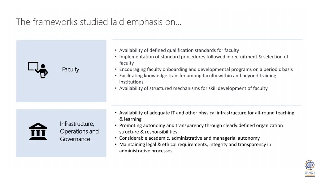 the frameworks studied laid emphasis on 2