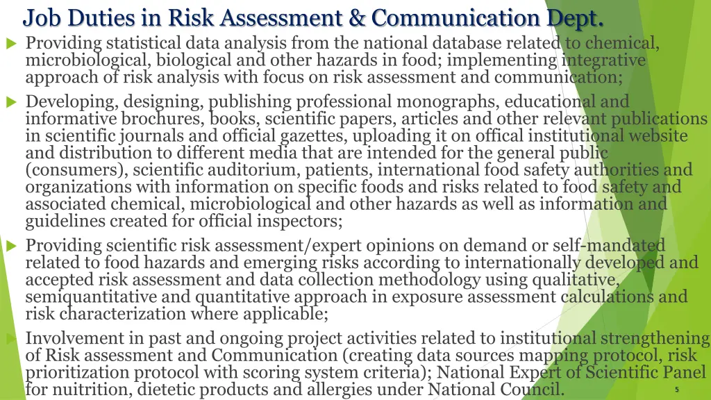 job duties in risk assessment communication dept