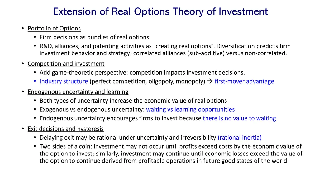 extension of real options theory of investment