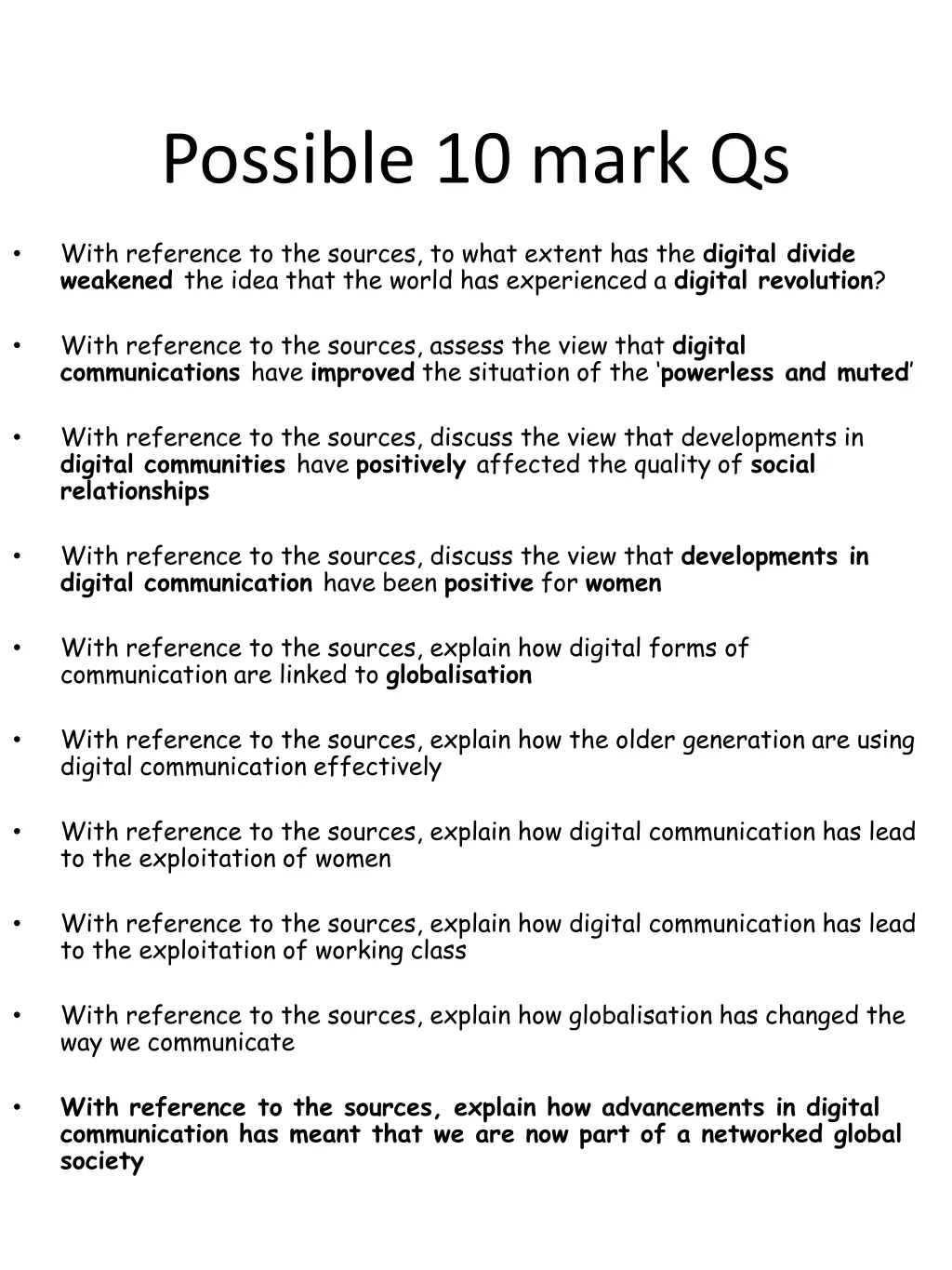 possible 10 mark qs