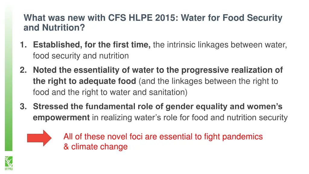 what was new with cfs hlpe 2015 water for food