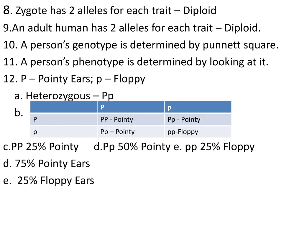 8 zygote has 2 alleles for each trait diploid